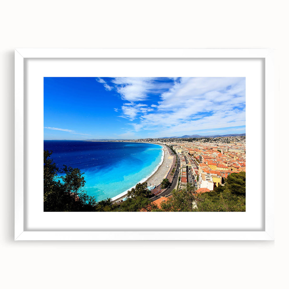 Textured abstract art print depicting a serene European landscape in muted earth tones, framed in white.