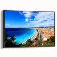 Black and white framed canvas of a vintage Nice, France landscape, ideal for bedroom wall art.