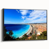 Black and white framed canvas of a vintage Nice, France landscape, ideal for bedroom wall art.