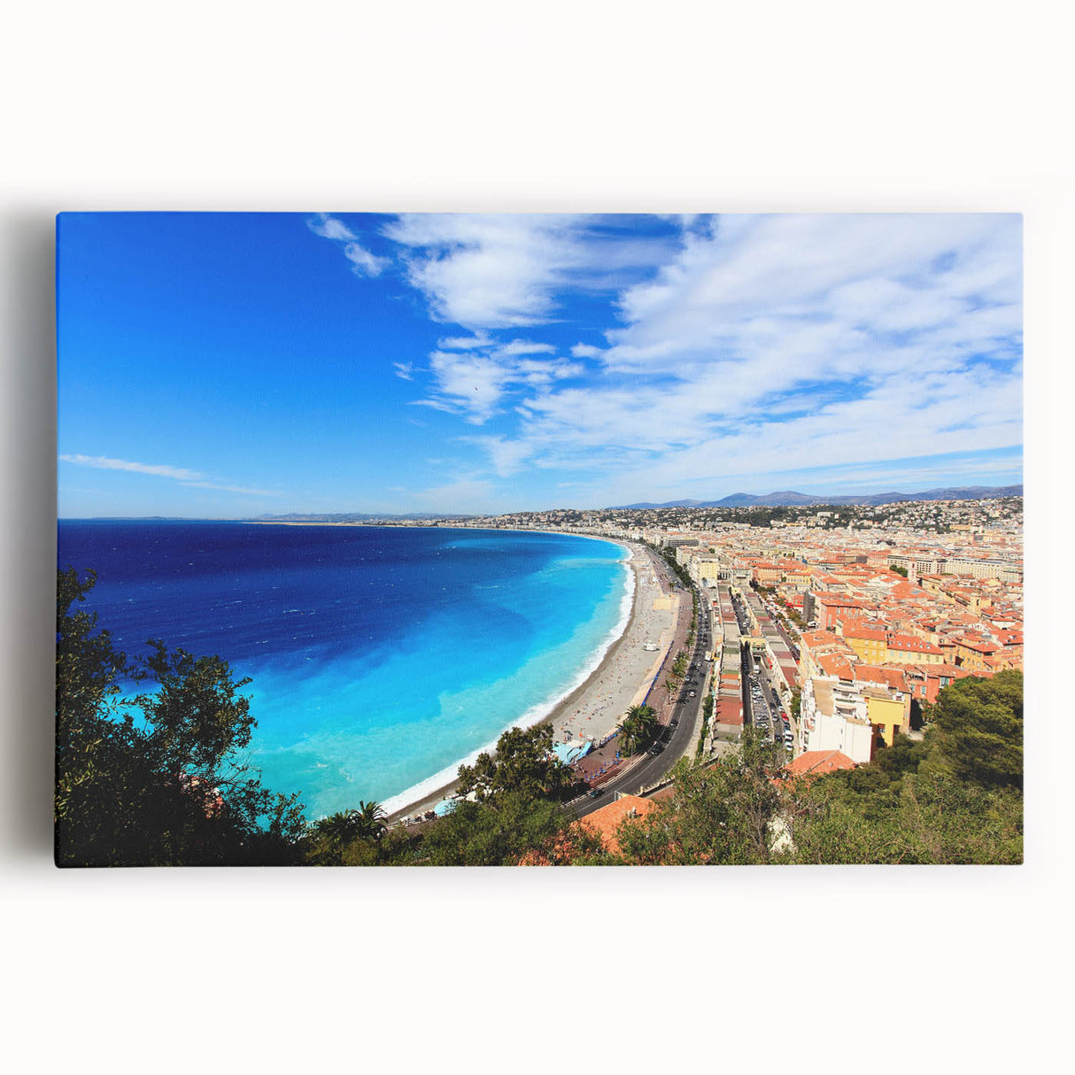 Black and white stretched canvas of Nice, France, with panoramic view, ideal for kitchen wall art.
