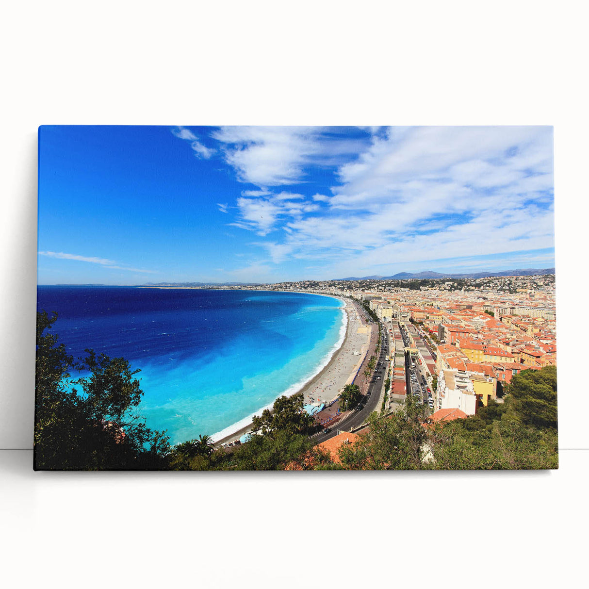 Black and white photograph of Nice, France on stretched canvas, featuring a panoramic cityscape, ideal for kitchen art.