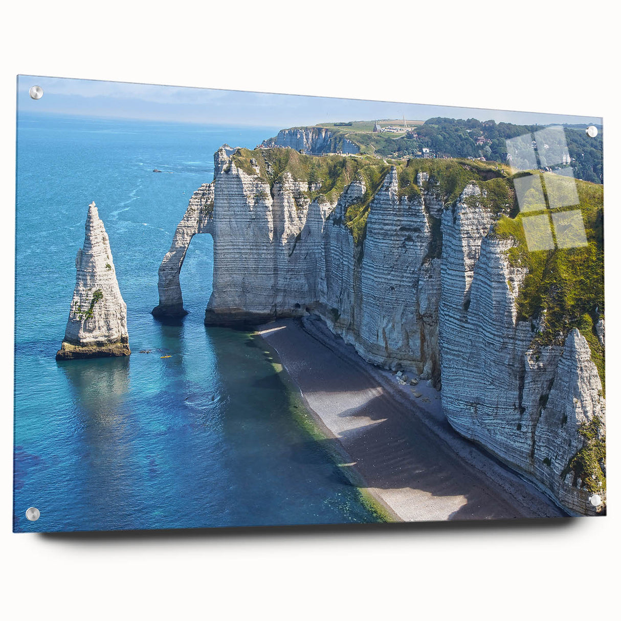 Acrylic print of Normandy landscape in muted earth tones on a glass background, suitable for dining room decor.
