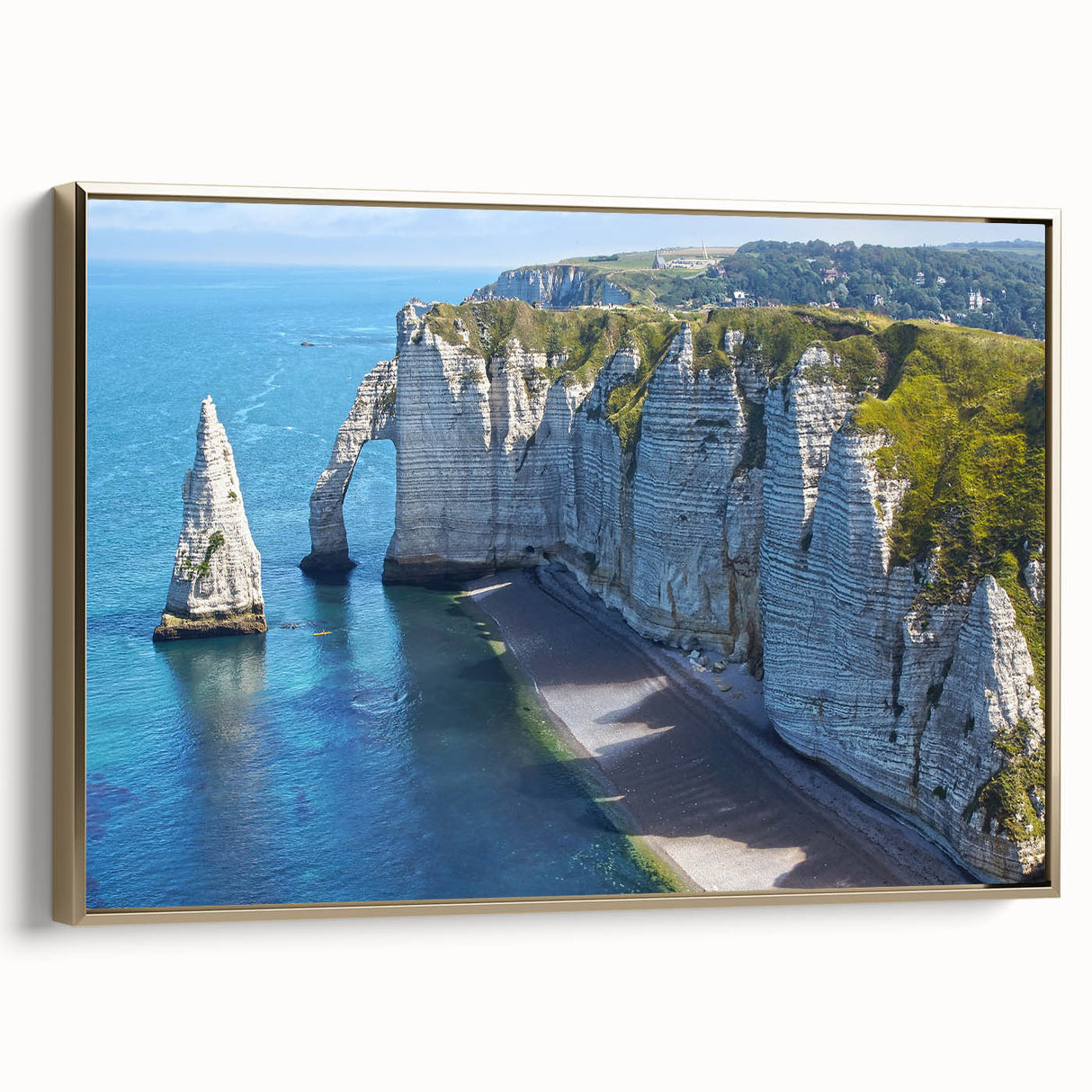 Framed canvas depicting a vintage-style landscape of Normandy in muted gold and black tones, ideal for bedroom wall art.