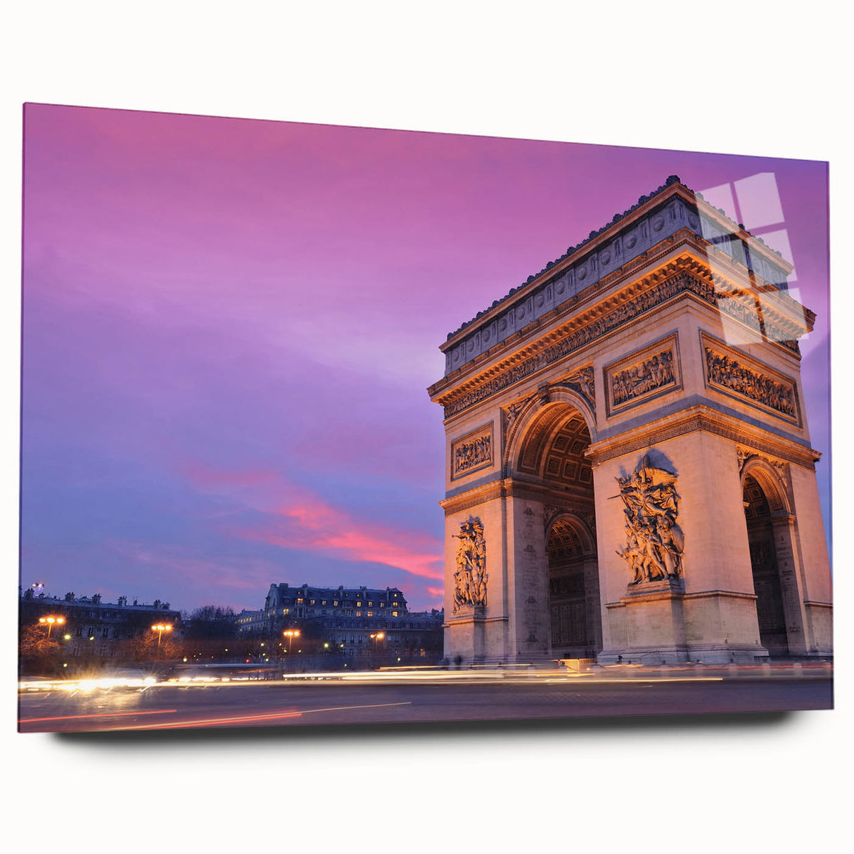 Acrylic print of a Parisian streetscape in muted gray and blue tones, ideal for bedroom or dining room art.