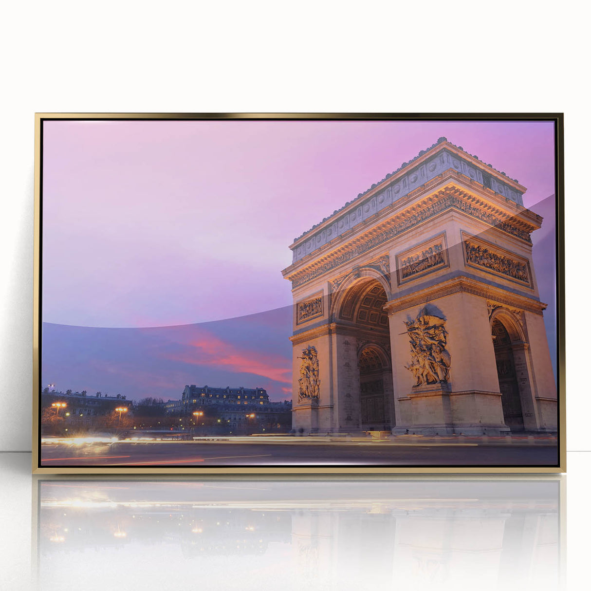 Art Deco poster of Paris scenery with gold acrylic framing, ideal for modern art wall decor.