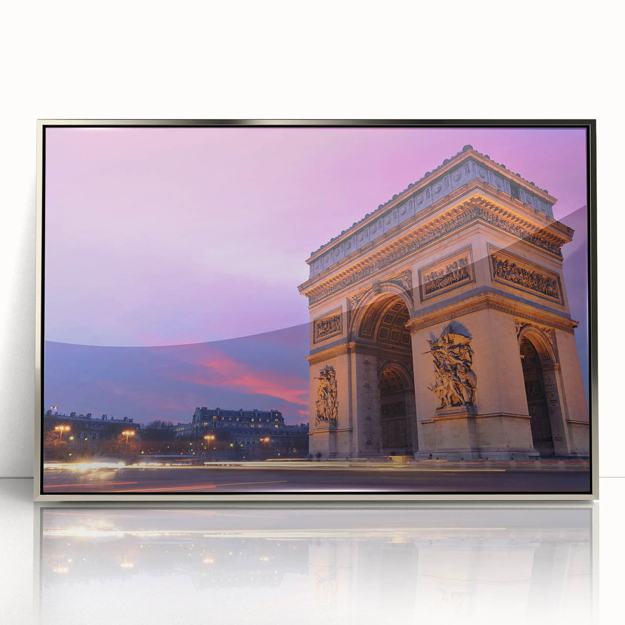 Large art print of Paris scenery in muted colors on silver-framed acrylic, suited for modern art wall decor.
