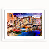 Textured abstract art print of Provence landscape in muted earth tones, framed with a white mat, suitable for bedroom decor.