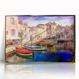 Large art print of a Provence, France scenery in muted earth tones on a silver-framed acrylic.