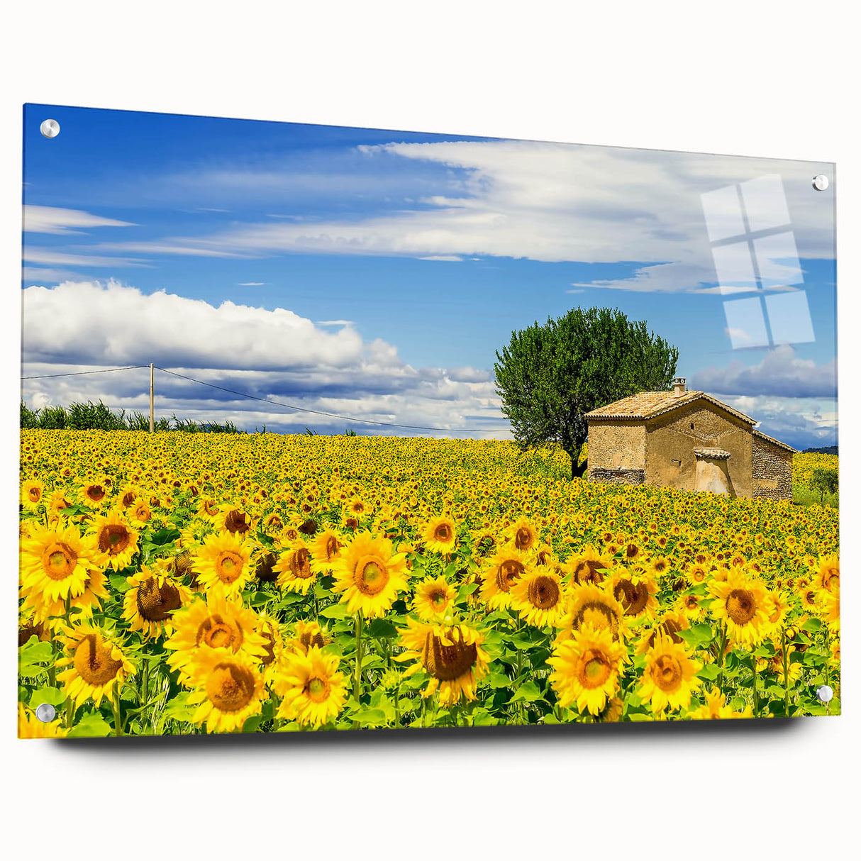 Acrylic glass print of a Southern France landscape, featuring muted earth tones, ideal for dining room decor.