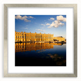Extra large framed wall art of an abstract textured scene of Versailles in muted earth tones, ideal for living room decor.