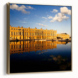 Framed canvas depicting Versailles gardens in muted silver and gold tones, ideal for bedroom wall art.