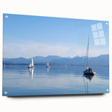 Acrylic print of a Bavarian landscape in muted greens and blues, ideal for dining room decor.