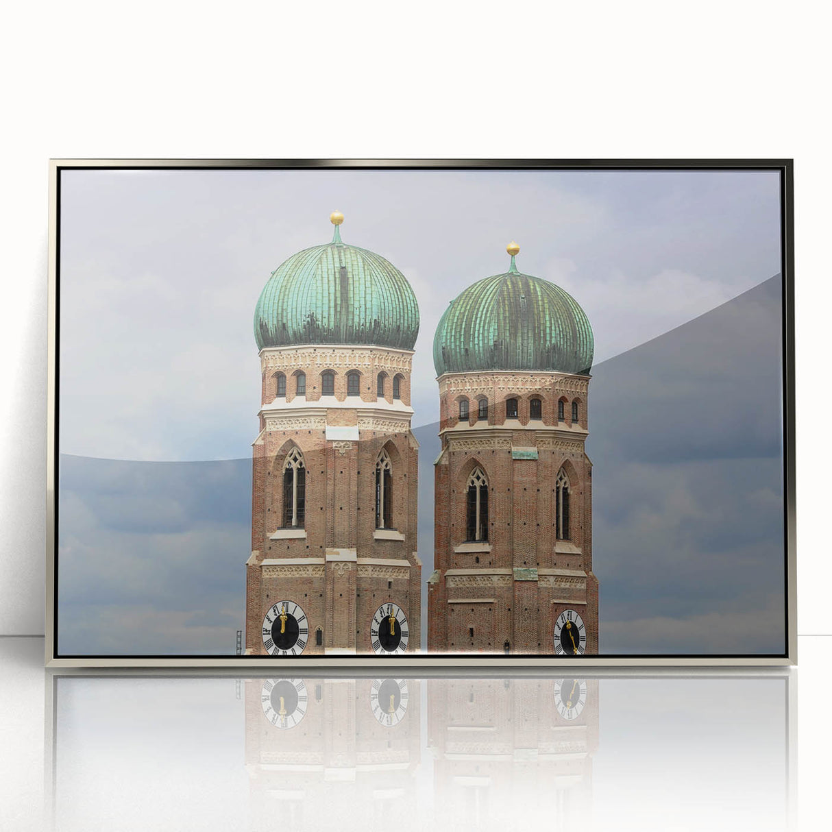 Mid-century modernist art of Munich skyline in muted blues and grays, acrylic print in silver frame.