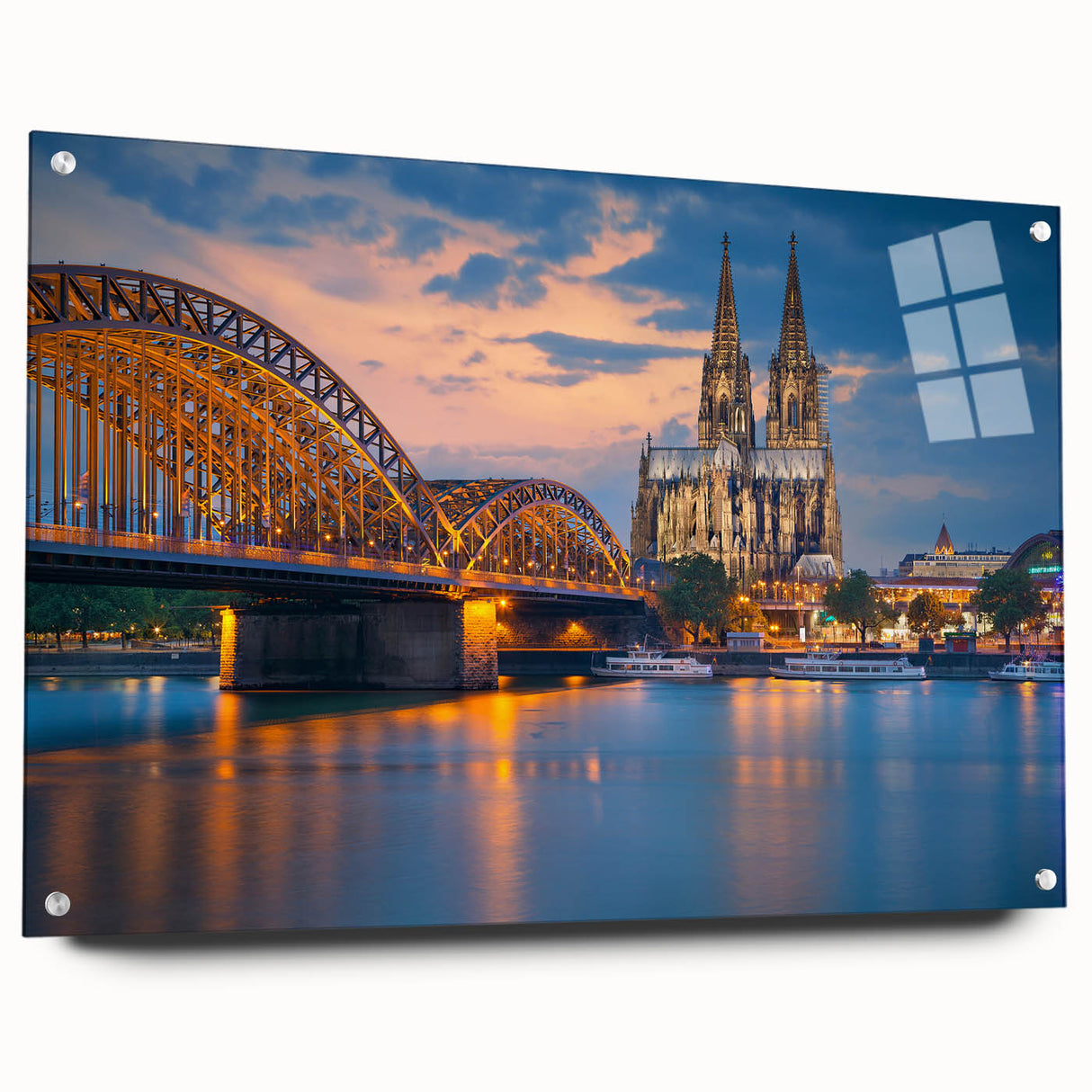 Acrylic print of a European landscape in muted green and blue tones, ideal for dining room decor.