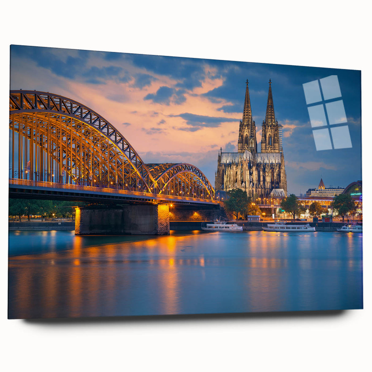 Large abstract wall art depicting a European scenery in muted earth tones on acrylic glass.