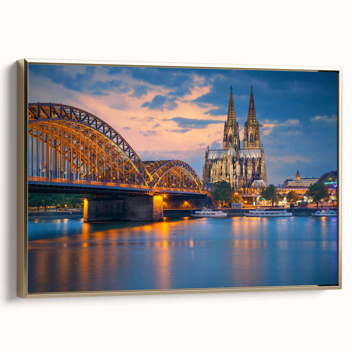 Framed canvas depicting a vintage European landscape in muted gold and black tones, ideal for bedroom wall art.