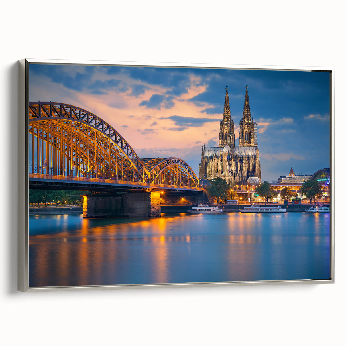 Landscape art painting of a European scene on framed canvas, featuring vibrant colors with a vintage poster art style.