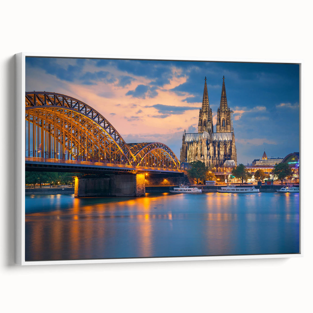 Vintage poster art of a scenic European landscape in vibrant colors on a large framed canvas, ideal for living room decor.
