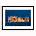 Extra large abstract art print of a colorful Athens scenery in muted orange and blue tones, framed with black mat.