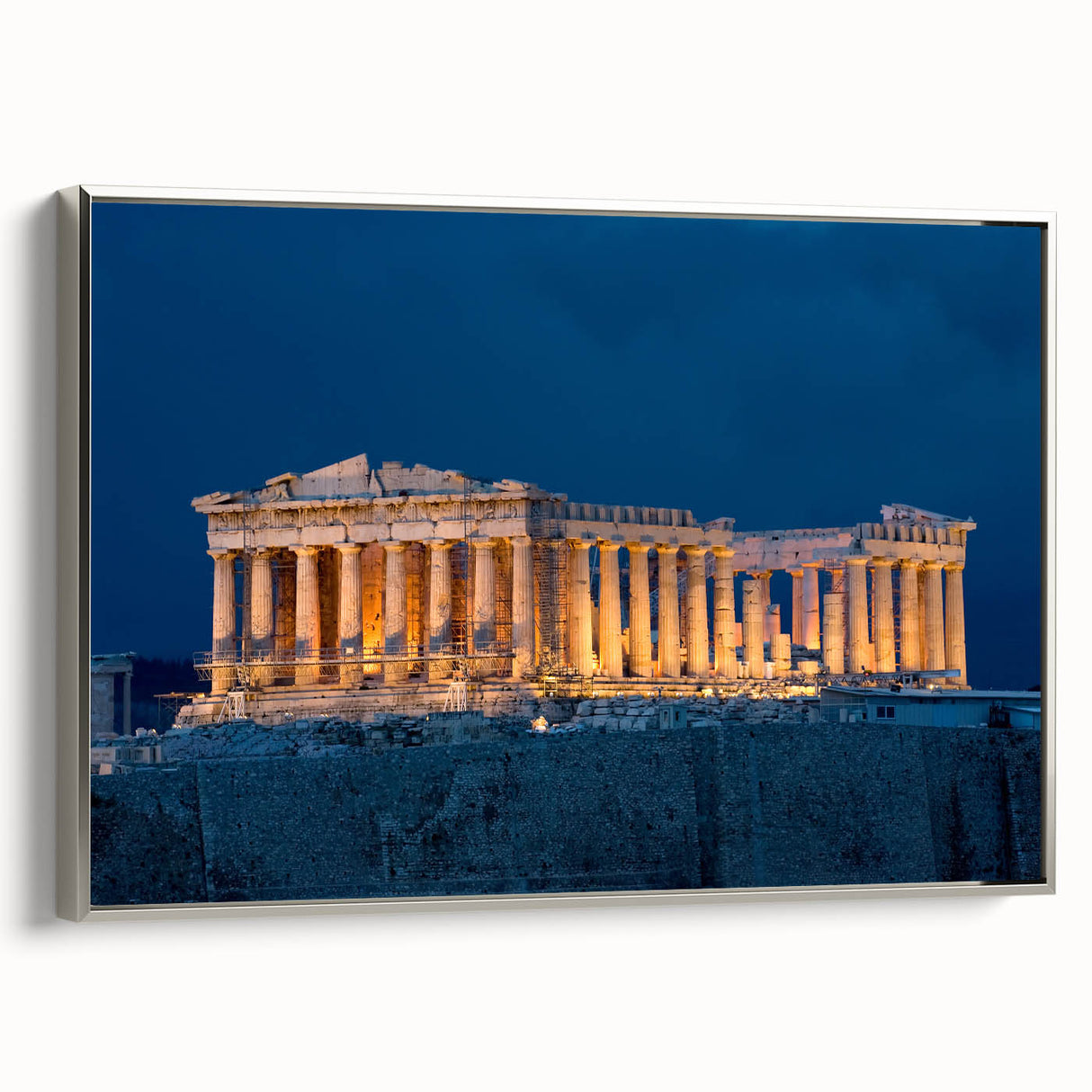 Framed canvas of Athens landscape with vibrant colors on black background, ideal for living room decor.
