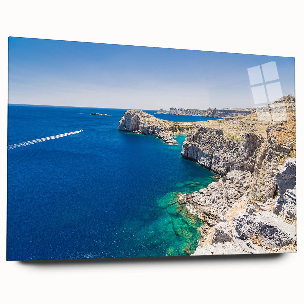 Acrylic print of a scenic Rhodes landscape in muted blue and white tones, suitable for bedroom or dining room art.
