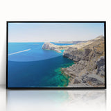 Large abstract wall art of Rhodes, Greece with muted blue and white tones on framed acrylic.