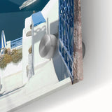 Acrylic print of Santorini landscape in pastel blues and whites, suitable for bedroom or dining room decor.