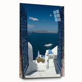 Acrylic print of Santorini landscape in soft blue and white tones.