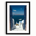 Extra large abstract art print of Santorini with vibrant colors on a black framed canvas, ideal for living room decor.