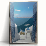 Framed acrylic print of Santorini scenery with vibrant blue and white tones, ideal for modern art wall decor.