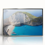 Large art print depicting the European Greek coast in mid-century modernist style, framed in silver acrylic.