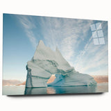 Large abstract depiction of Greenland scenery on acrylic glass, using vibrant green and blue tones.