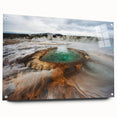 Acrylic print of a serene Icelandic landscape in muted blue and green tones, ideal for dining room decor.