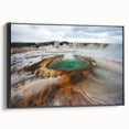 Black and white framed canvas depicting a vintage-style Icelandic landscape, ideal for bedroom wall art.