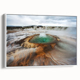 Vintage poster art of an Icelandic landscape on a framed canvas, featuring a black border and vibrant color palette.