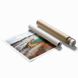 Rolled print of a serene Icelandic landscape with soft pastel shades, ideal for large living room wall art.