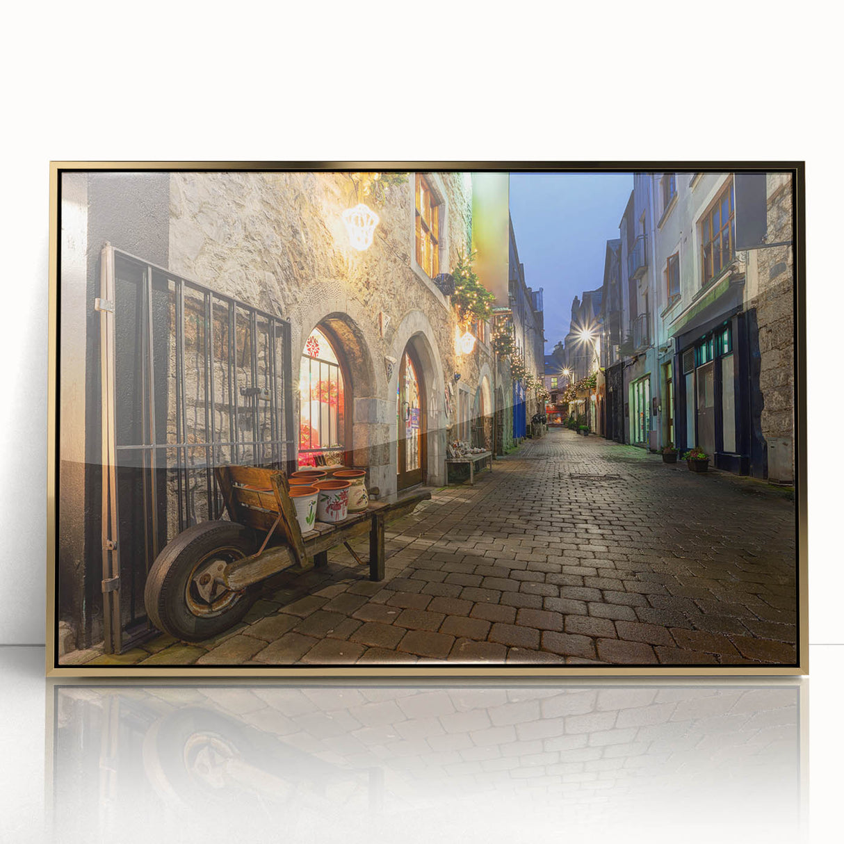 Art deco poster of an Irish landscape in muted green and gold tones, acrylic framed, suitable for modern art wall decor.