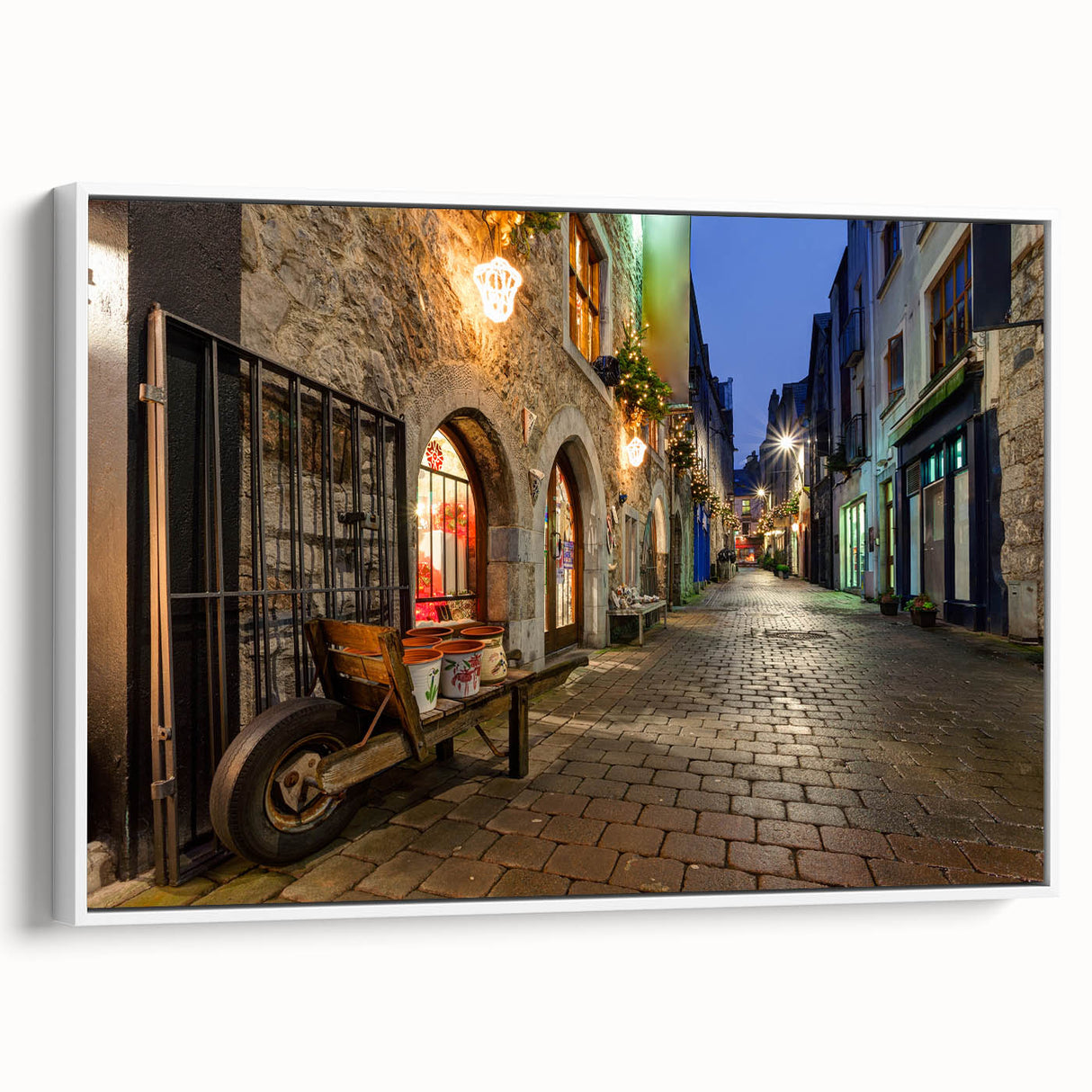 Vintage poster art of a scenic Irish landscape on a framed canvas, featuring a blend of colorful art tones.