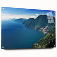Acrylic print of Amalfi Coast with vibrant blue and pastel seaside tones, ideal for dining room decor.