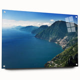 Acrylic print of Amalfi Coast with vibrant blue and pastel seaside tones, ideal for dining room decor.