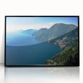 Large abstract wall art depicting the Amalfi Coast in muted colors, framed in black acrylic, suited for modern decor.