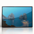 Large abstract wall art depicting the Capri coastline in muted blue and green tones on a black framed acrylic print.