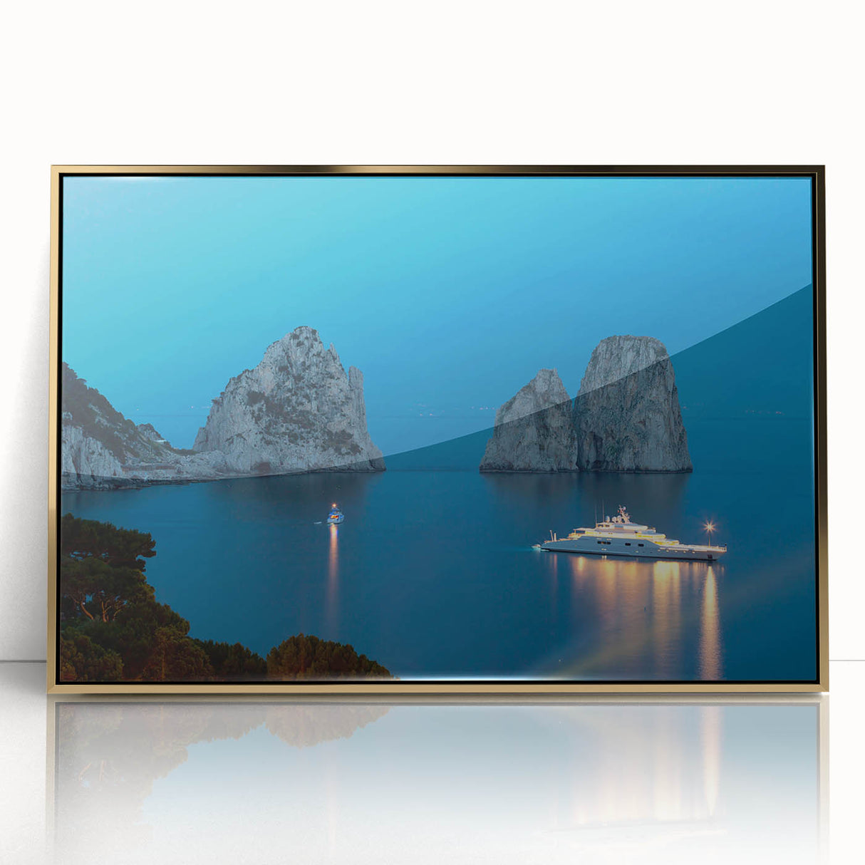 Acrylic print of Capri, Italy scenery in art deco style with gold frame, ideal for modern art wall decor.