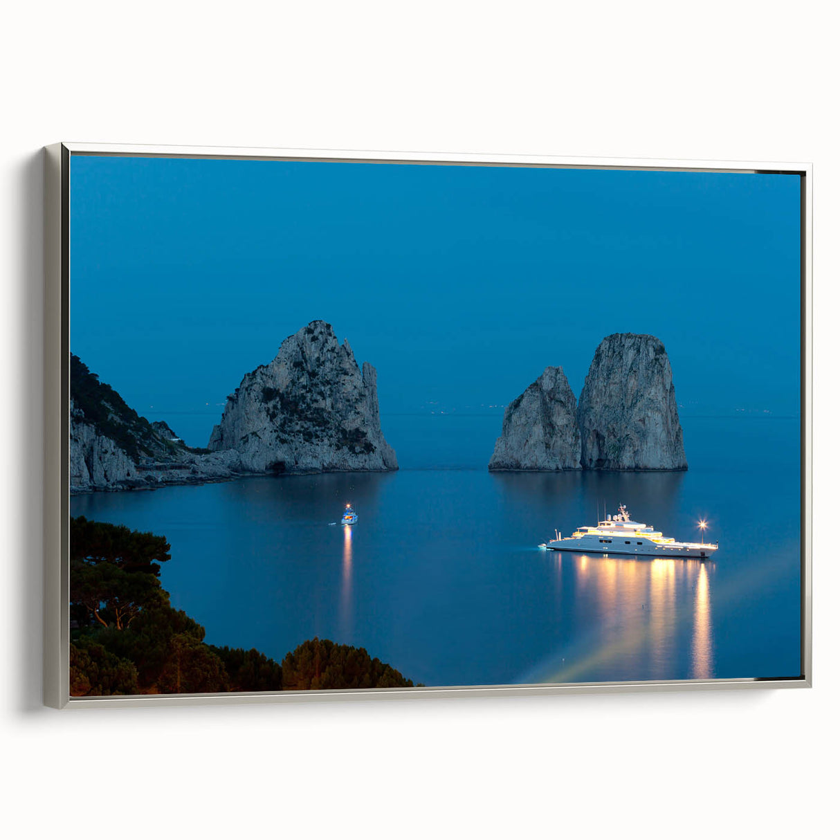 Landscape art painting of Capri, featuring vibrant colors on framed canvas, ideal for living room decor.