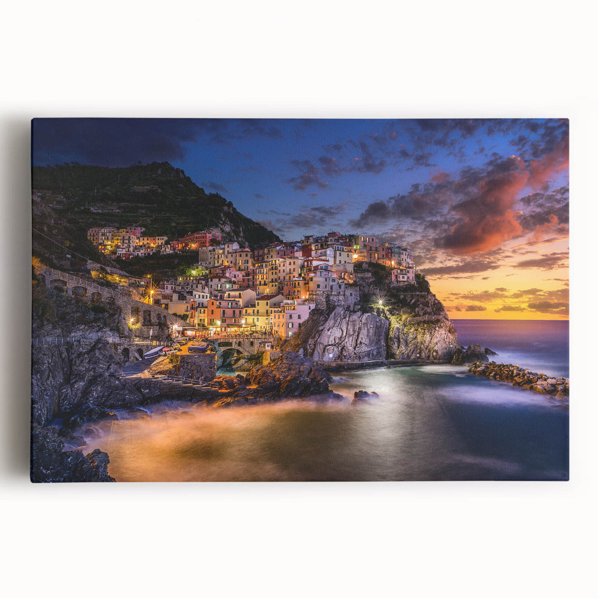 Black and white stretched canvas featuring a panoramic view of Cinque Terre, ideal for kitchen wall art.