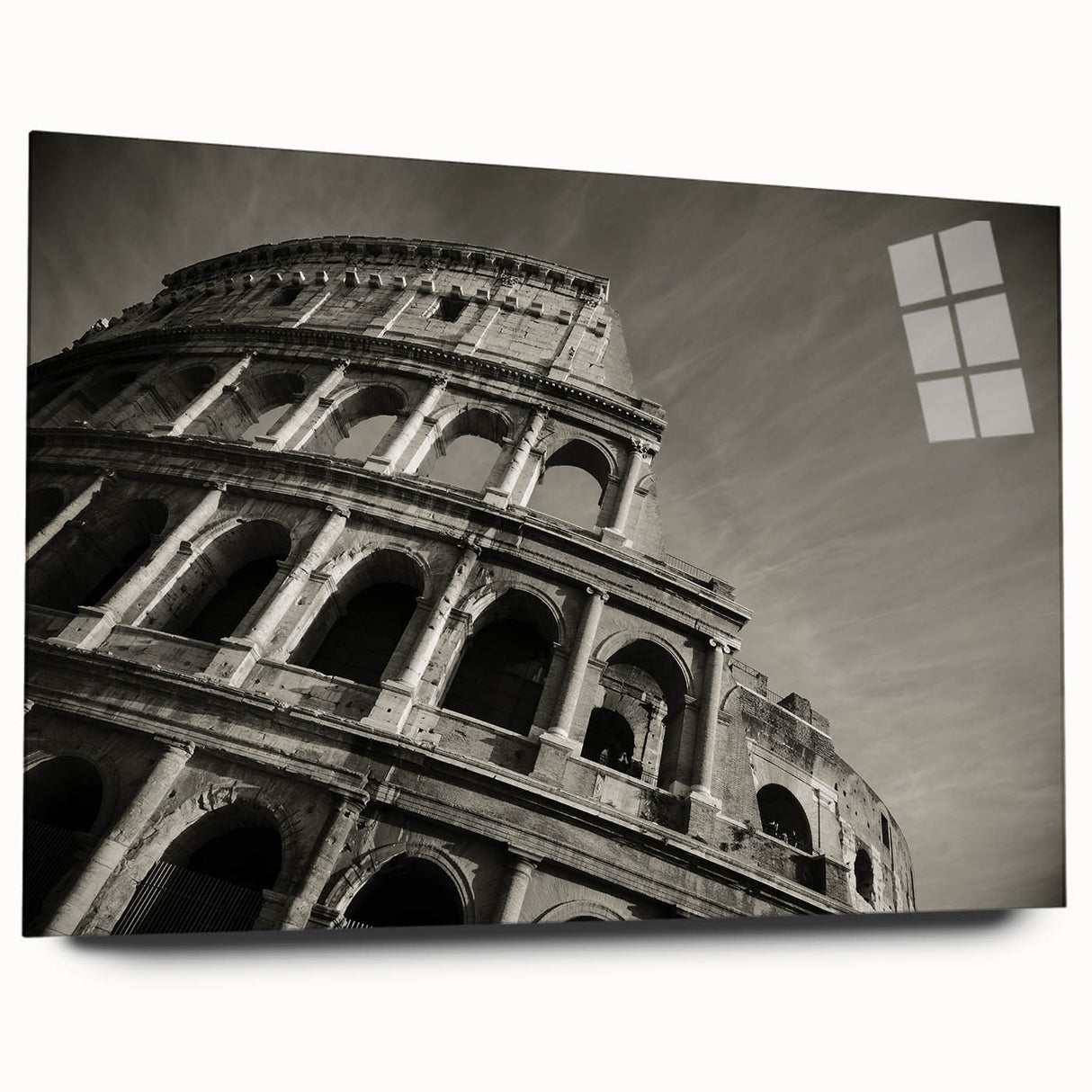 Side view of the Colosseum in muted earth tones on acrylic glass, suitable for bedroom or dining room art.
