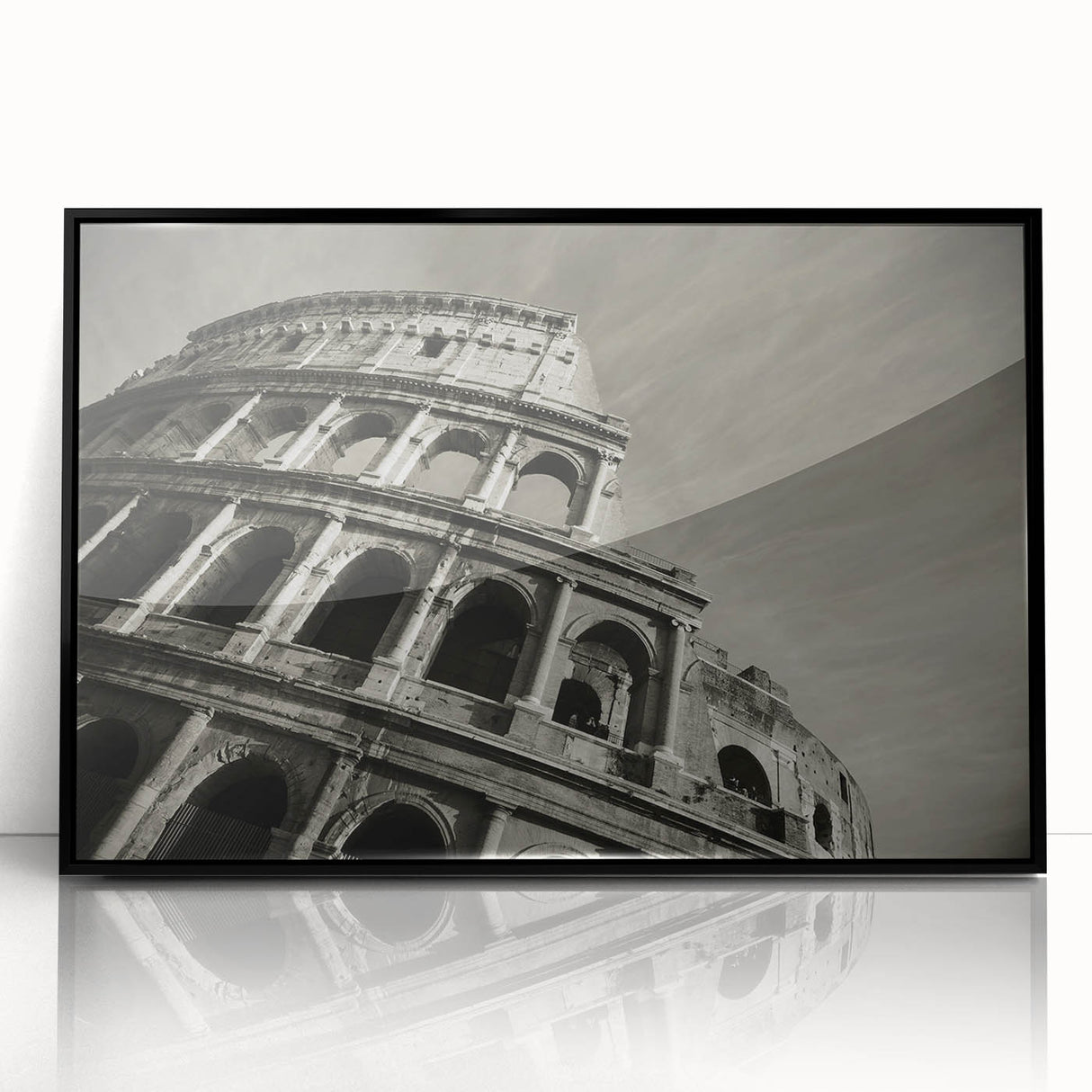 Framed acrylic print of the Colosseum in muted sepia tones, ideal for a living room or study.