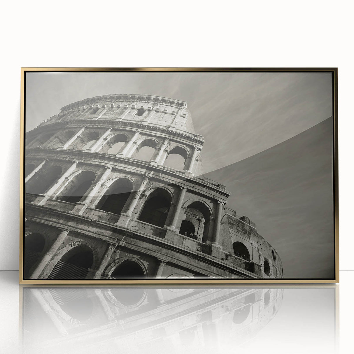 Framed acrylic print of the Colosseum in Rome with soft gold and earth tones, suitable for modern art wall decor.