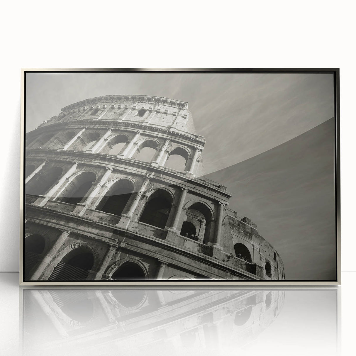 Framed acrylic print of the Colosseum in muted earth tones, ideal for modern art wall decor.