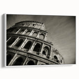 Vintage poster art of the Colosseum in Rome on a framed canvas, featuring muted earth tones, ideal for living room decor.